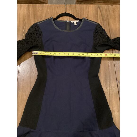 Rebecca Taylor 2 tone black blue drop waist flare zipper and lace mini dress 4 - Picture 5 of 14